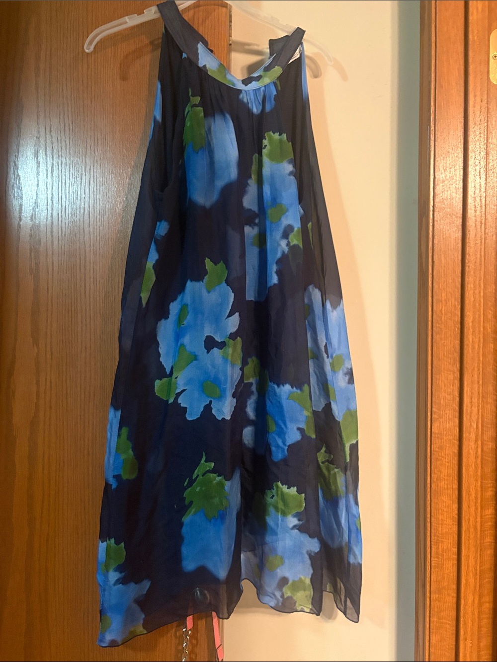 Sleeveless Navy Floral Halter Dress with Blue and Green Blooms